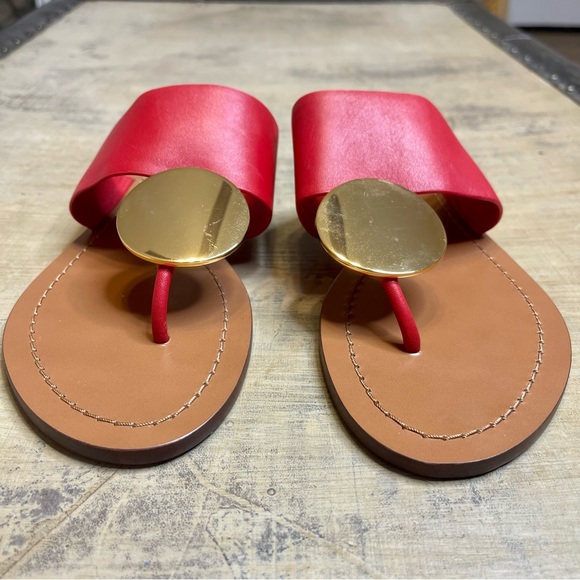 Tory Burch Patos Disk Thong Leather Sandals, Brilliant Red/Gold Size 7M - Picture 4 of 8